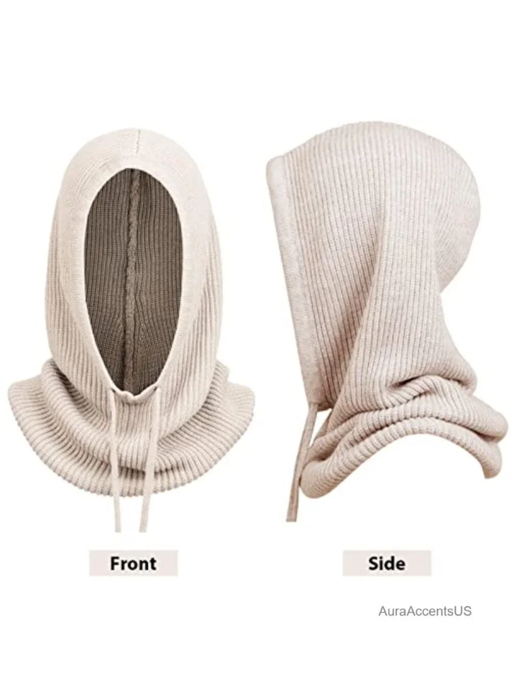 Hooded Scarf Hat Knit Balaclava with Drawstring Warm Winter Beanie